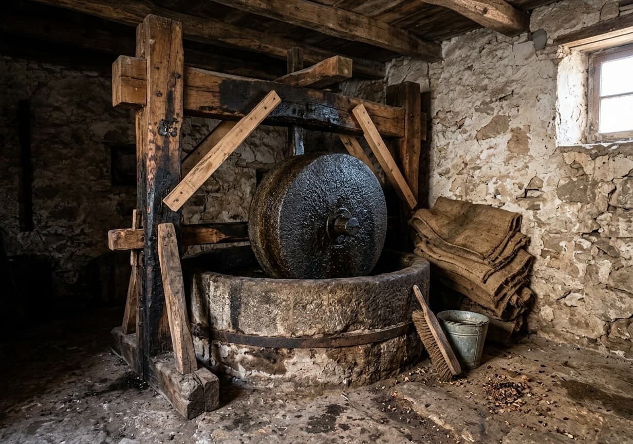 Olivenpresse i stein i en gammel mølle